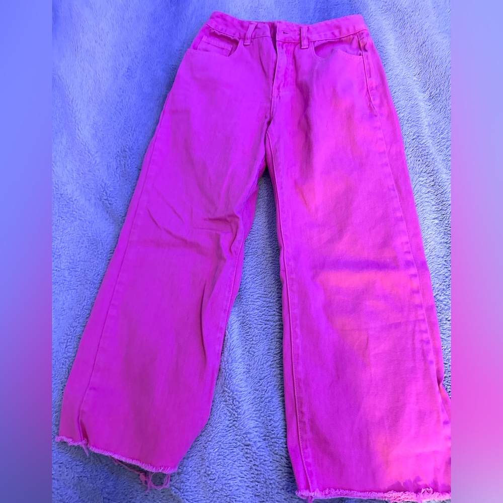 hot pink short leg wide leg jeans